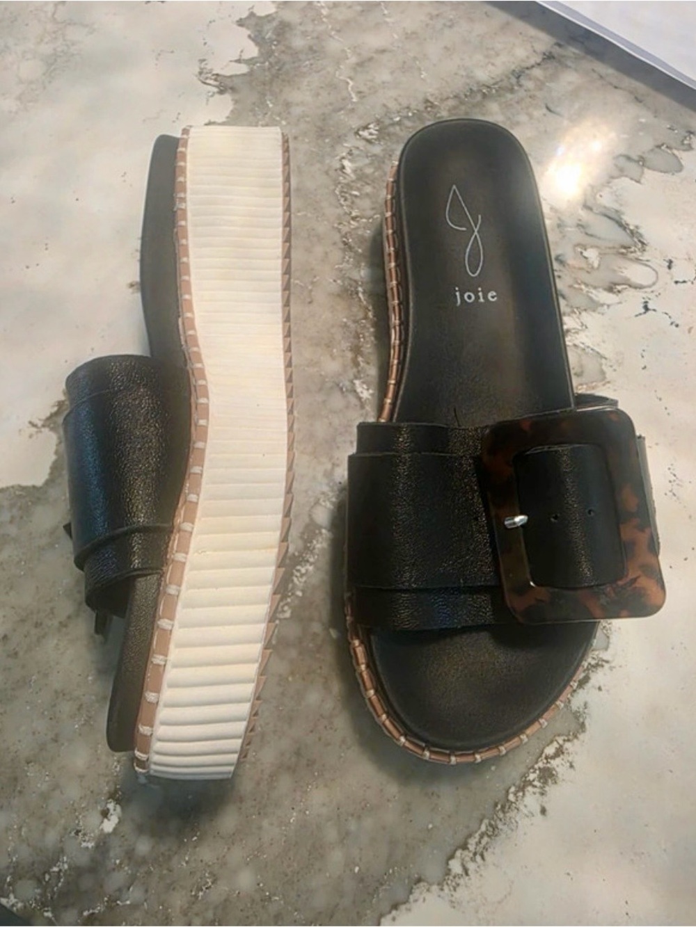 Joie Black Slide Sandals with Tortoiseshell Buckle